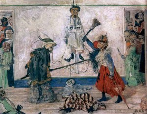 Джеймс Энсор. Борьба скелетов за тело повешенного (1891)